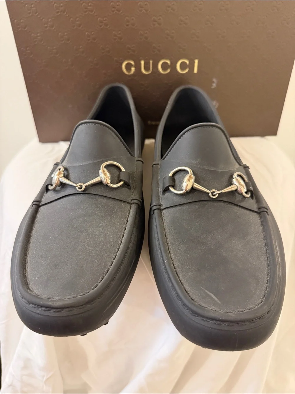 Gucci Black Leather Horsebit Slip-On Loafers. Waterproof! Rubber! Very unique!